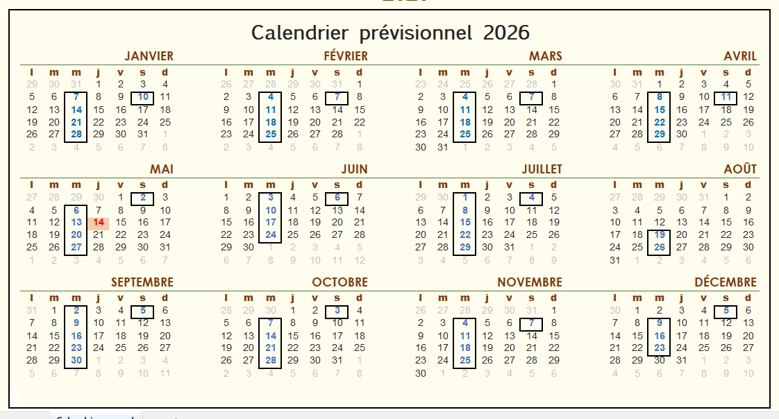 Calendrier visuel 2026